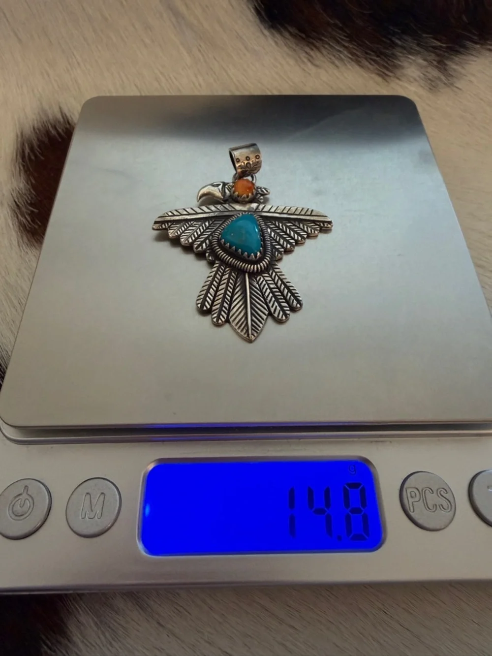 ❤️ Kingman Turquoise Spiny Oyster Thunderbird Navajo Sterling Statement Pendant